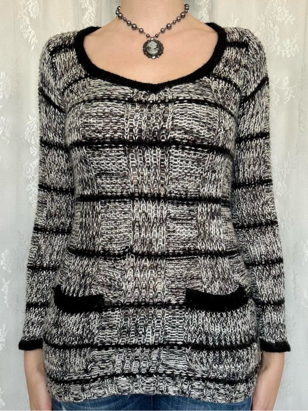 2000s Grunge Grey & Black Striped Sweater